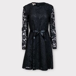 Brooks Brothers Black Floral Lace Long Sleeve Fit & Flare Dress with Tie Belt
